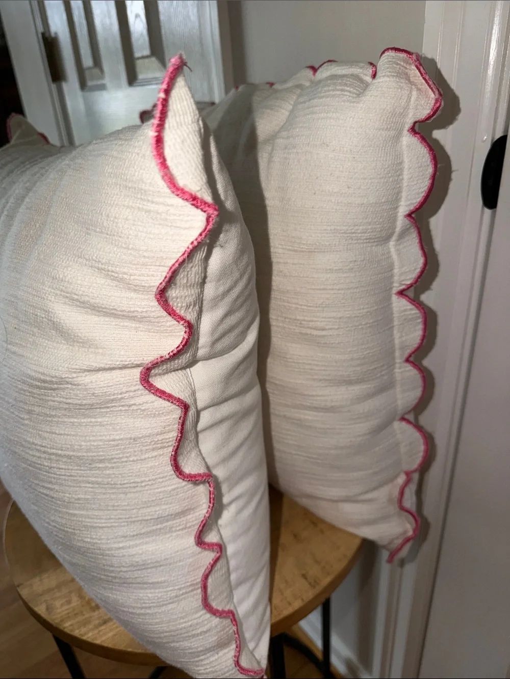 White Decorative Throw Pillows with Pink Scalloped Edge- Set of 2